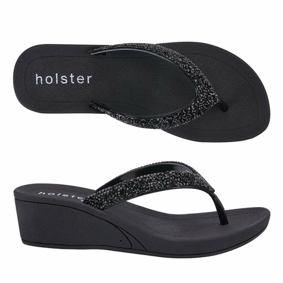 * Holster Alora Wedge Thong Sandals Black Lower Price Slippers & Flats