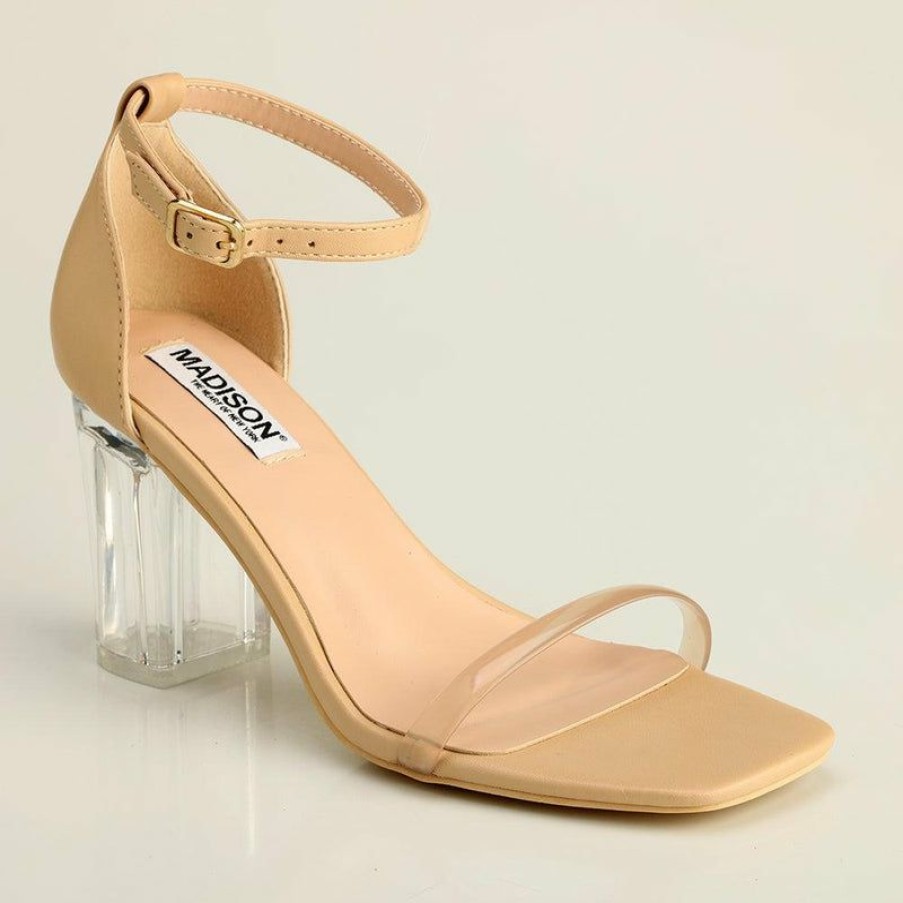 * Madison Adriana Block Heel Sandals Clear/Dark Nude Excellent Madison Heart Of New York Heels