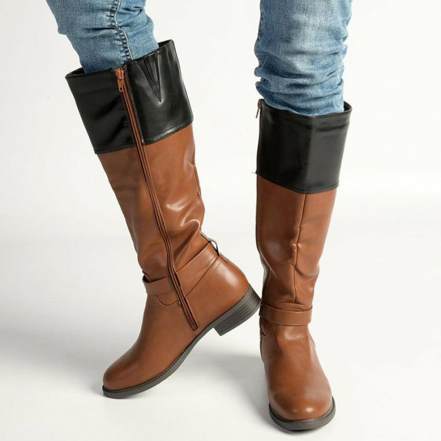 * Madison Vienna Two Tone Rider Boot Tan/Black Sale Madison Heart Of New York Boots