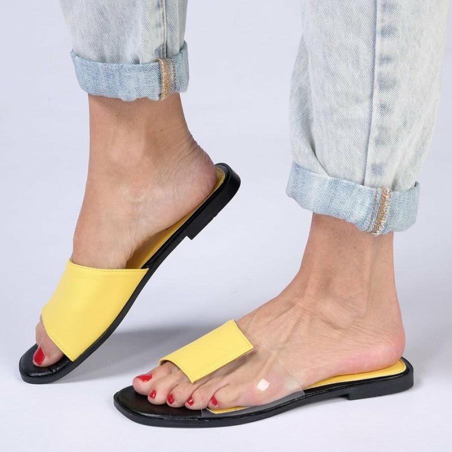 * Madison Cecelia Vinyl Fashion Sandal- Yellow/Clear Online Sale Madison Heart Of New York Slippers & Flats