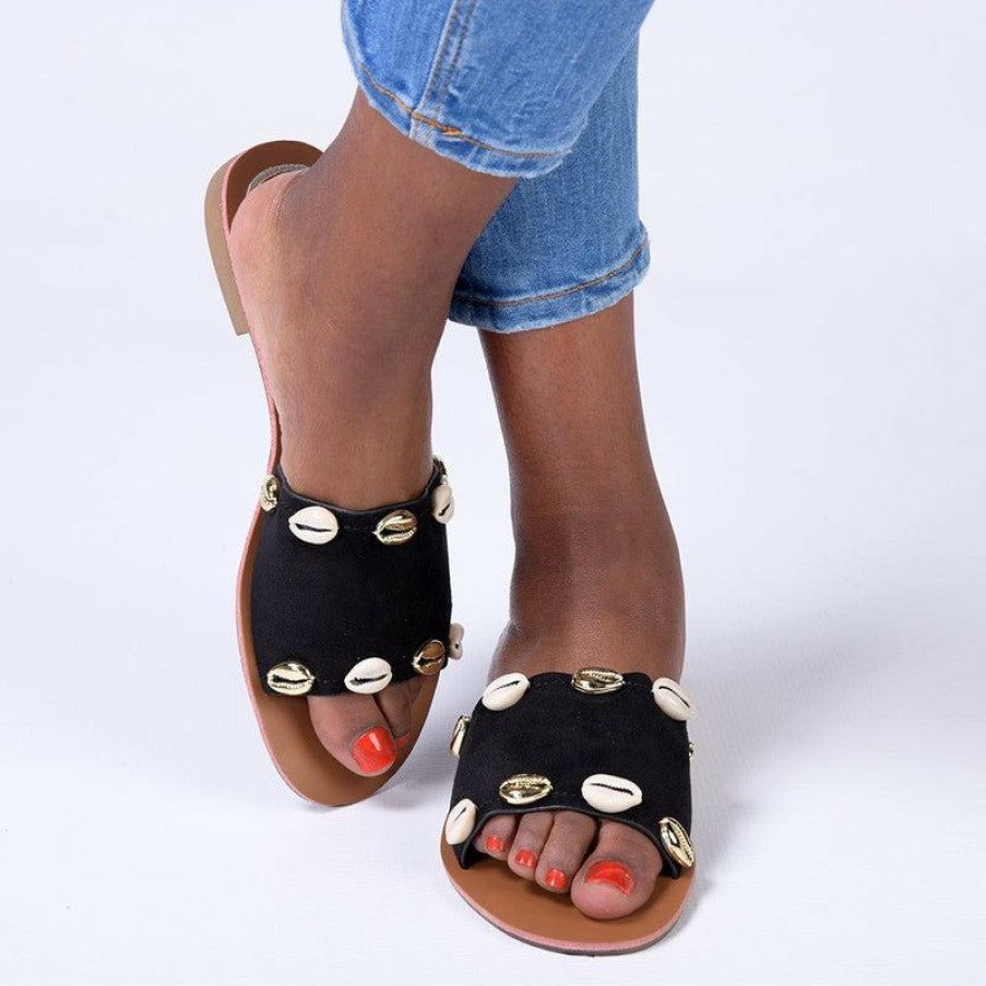 * Madison Cassandra Push In Sandals Black Discount Madison Heart Of New York Slippers & Flats