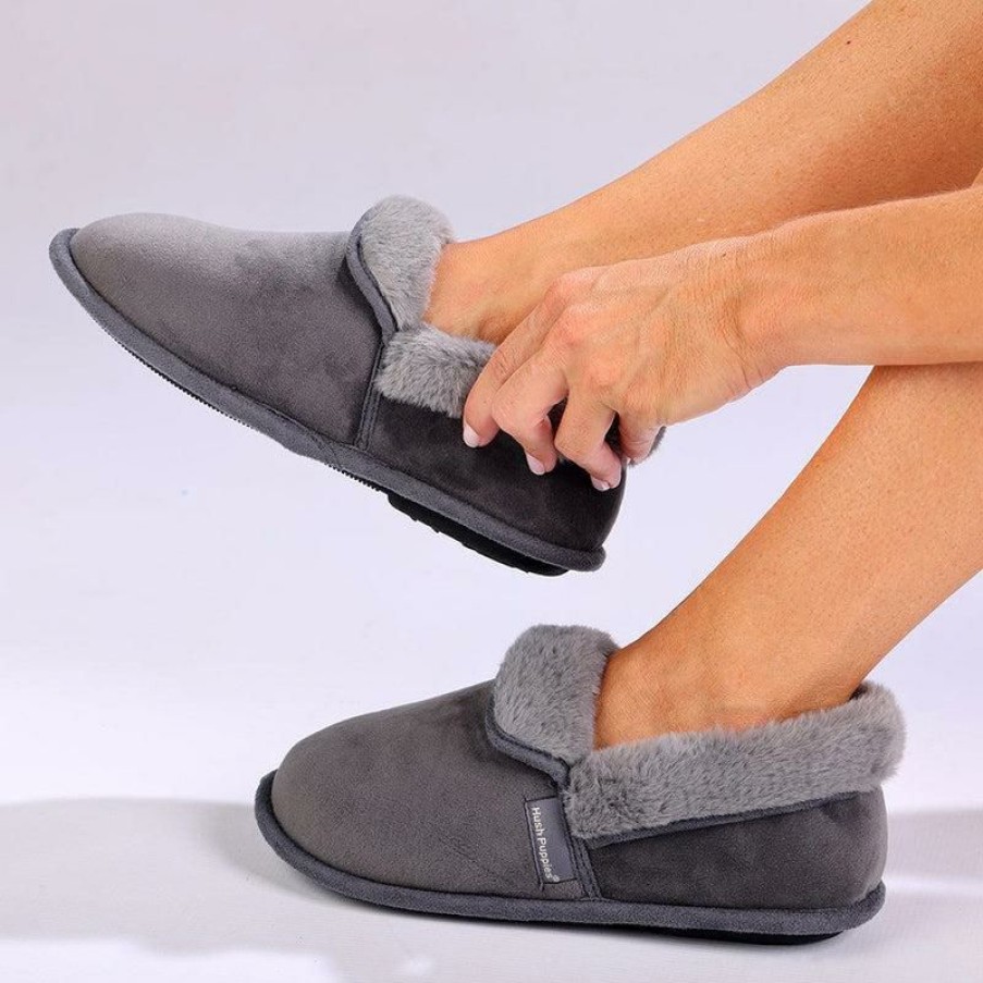 * Hush Puppy Fur Top Lua Slippers Grey New Slippers & Flats