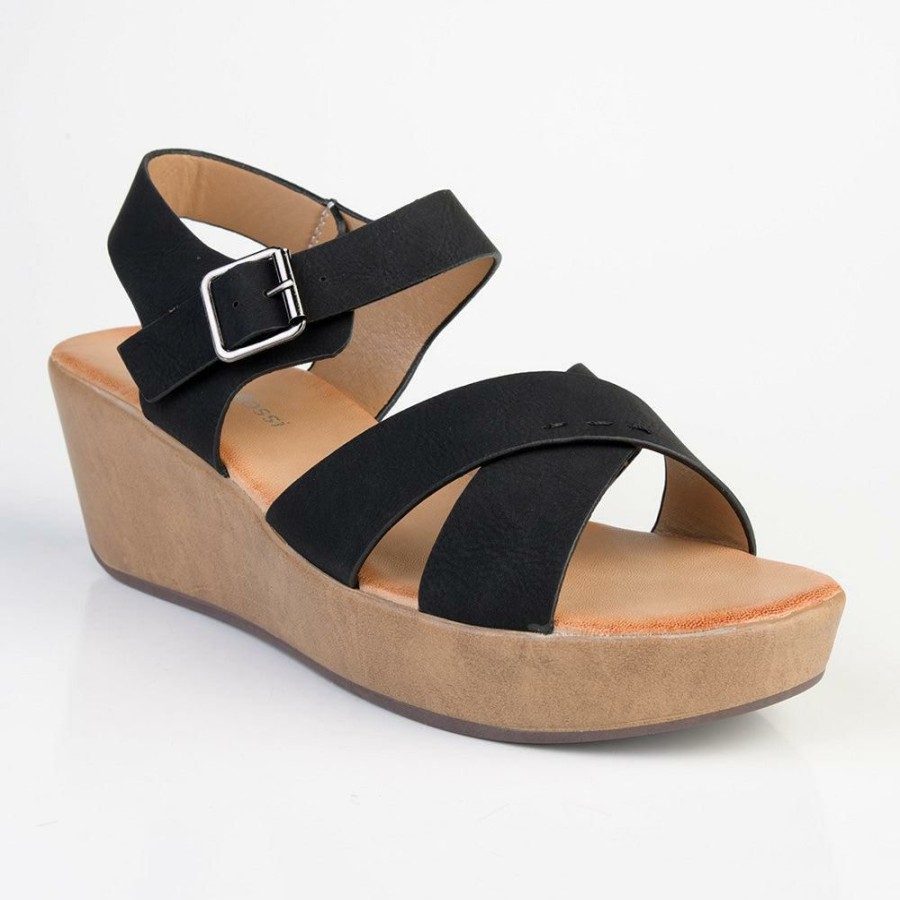 * Alessio Cross Strap Fashion Platform Black Online Sale Wedges