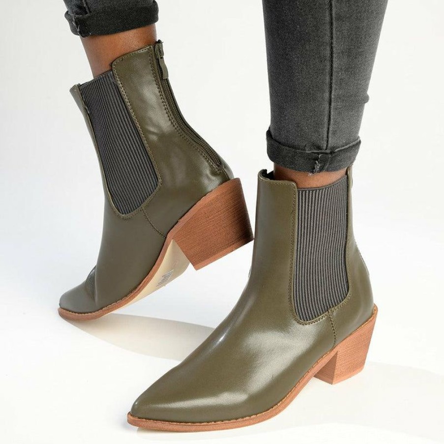 * Madison Bekki Back Zip Block Heel Boot Olive Closeout Sale Madison Heart Of New York Boots