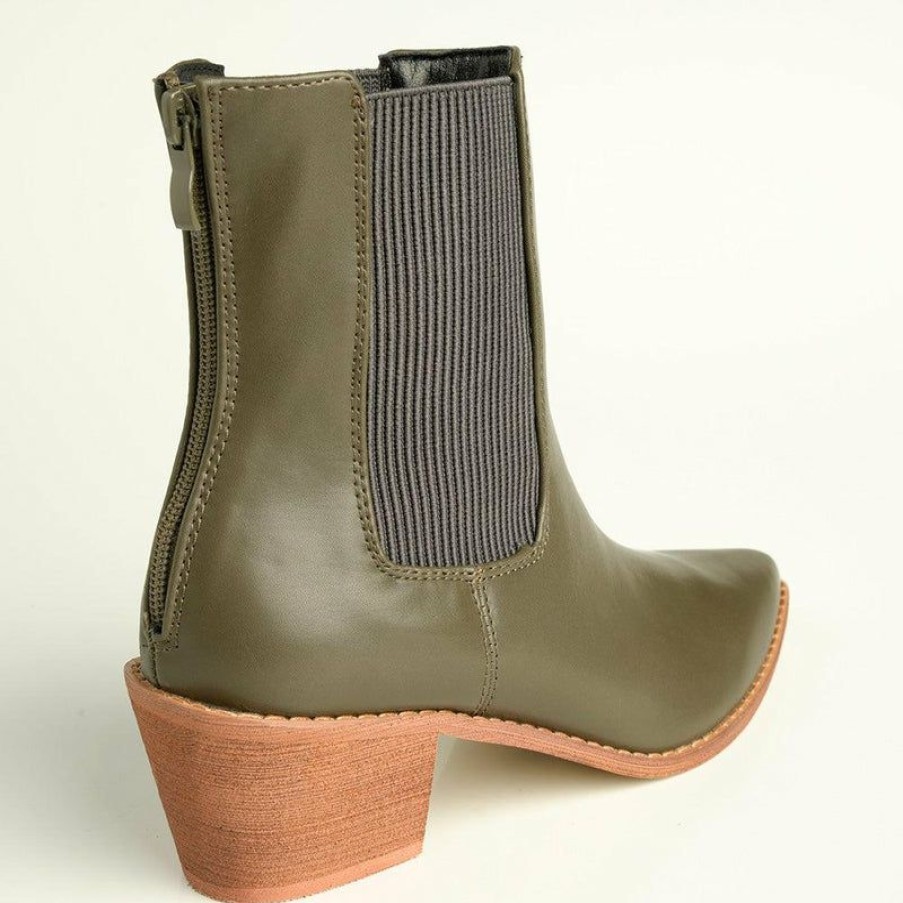 * Madison Bekki Back Zip Block Heel Boot Olive Closeout Sale Madison Heart Of New York Boots