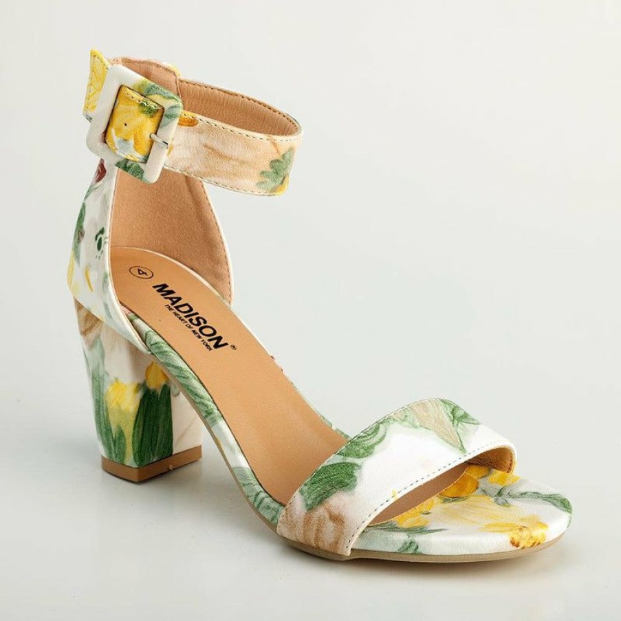 * Madison Judith Block Heel Sandals Yellow Floral Closeout Sale Madison Heart Of New York Heels