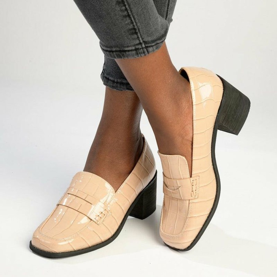 * Madison Cindy Block Heel Loafer Nude Closeout Sale Madison Heart Of New York Brogues